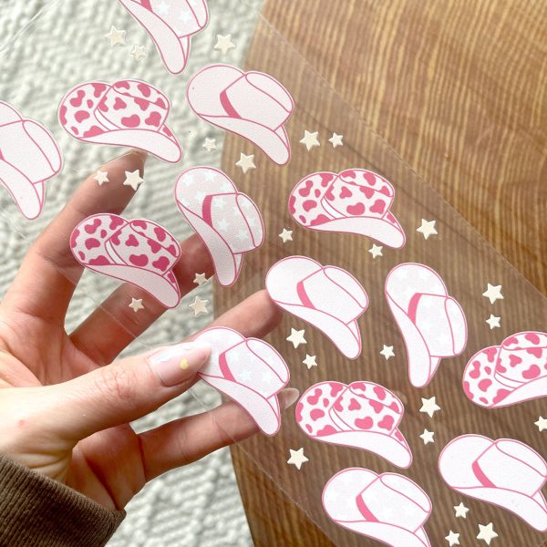 [ Double Sided ] 16oz Cup UV DTF Decal | Pink Cow Girl Hat on Sale - Image 2
