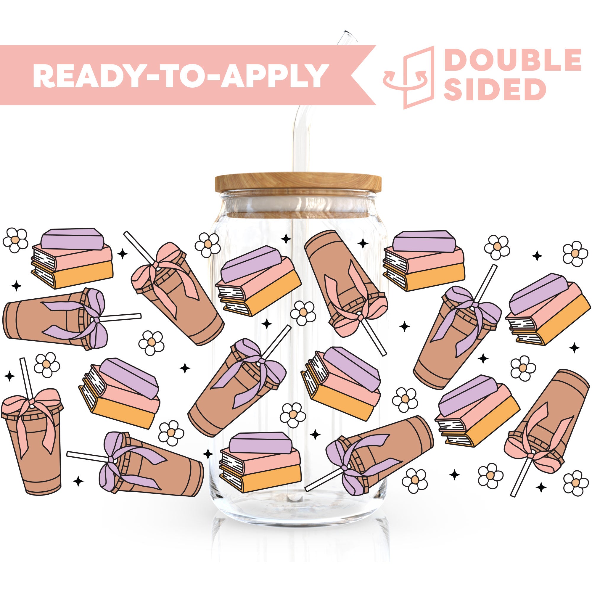 [ Double Sided ] 16oz Cup UV DTF Decal | Bow, Books & Iced Coffee Online now